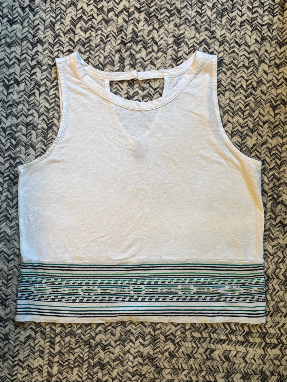 Festive Beachy White Cropped Tank with Green & Navy Striped Hem Women’s XL